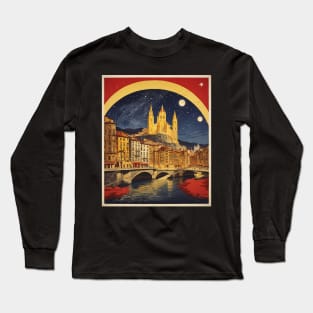 Bilbao Starry Night Spain Travel Tourism Retro Vintage Art Long Sleeve T-Shirt